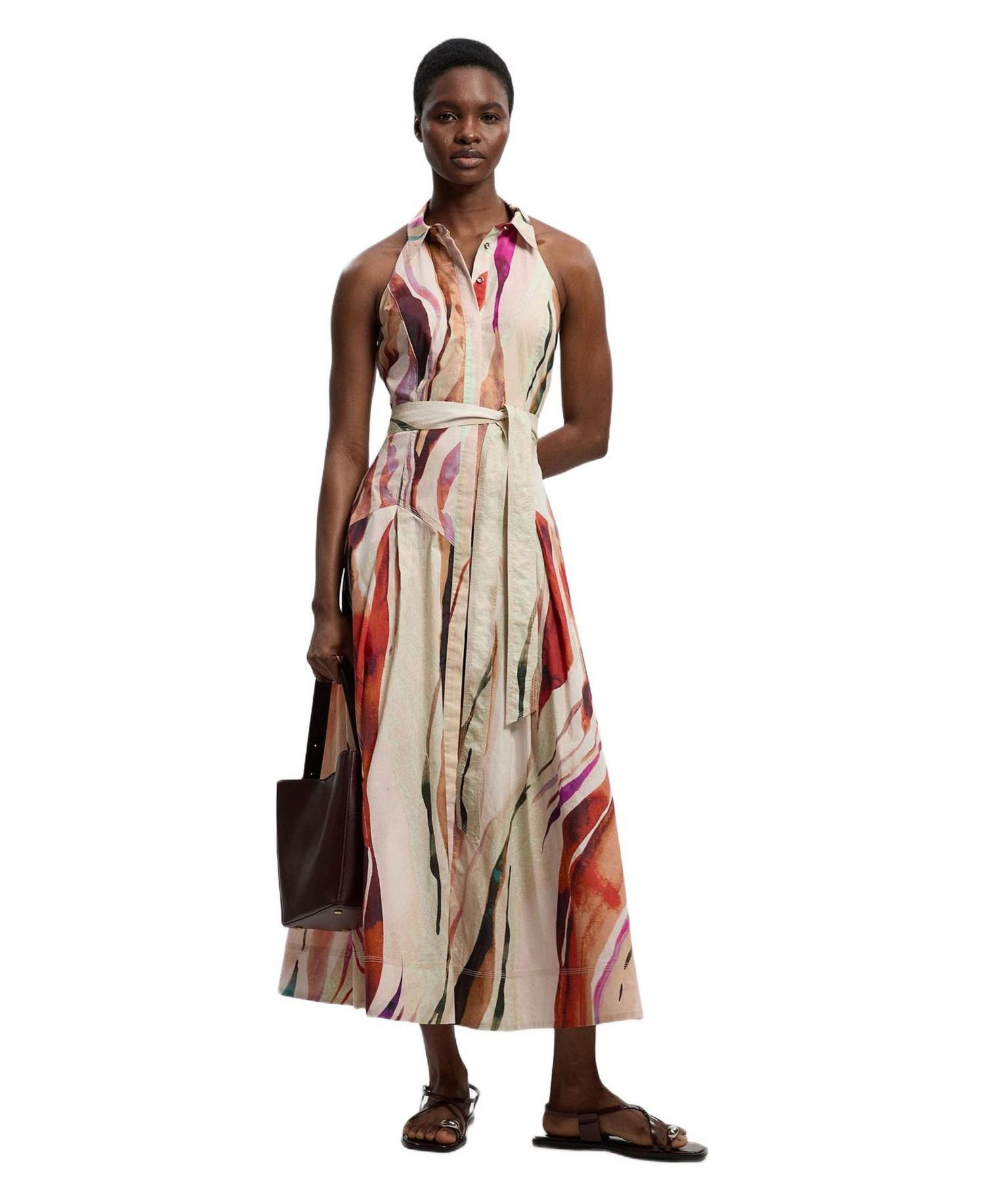 Women's Marble Print Halter Midi Shirt Dress