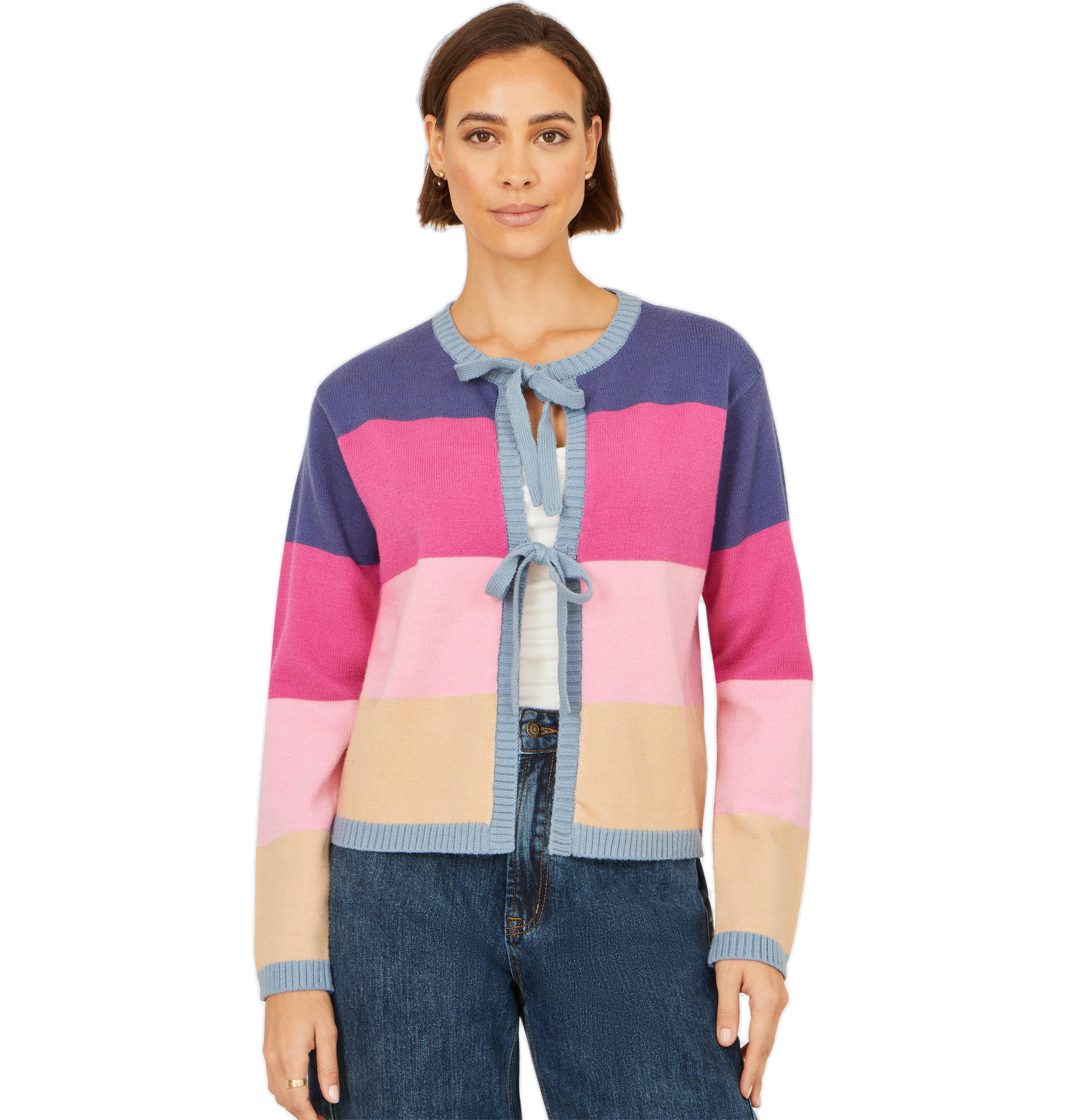 Yumi Women's Block Stripe Tie Front Cardigan