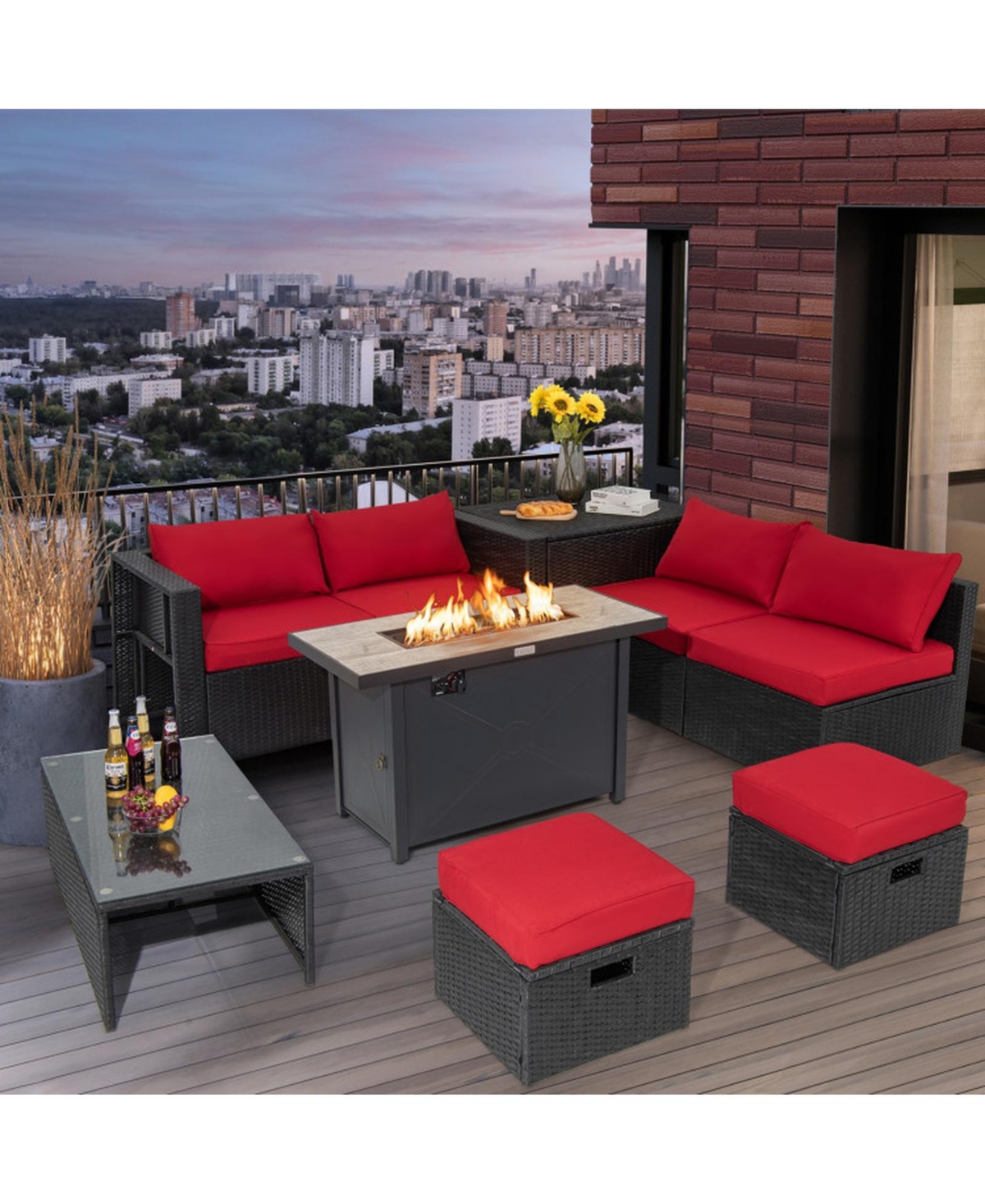 Sugift 9 Pieces Outdoor Pe Rattan Wicker Sectional Sofa with 42 in 60 000 Btu Gas Fire Pit Table