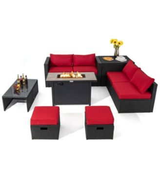 9 Pieces Outdoor PE Rattan Wicker Sectional Sofa with 42 in 60 000 BTU Gas Fire Pit Table