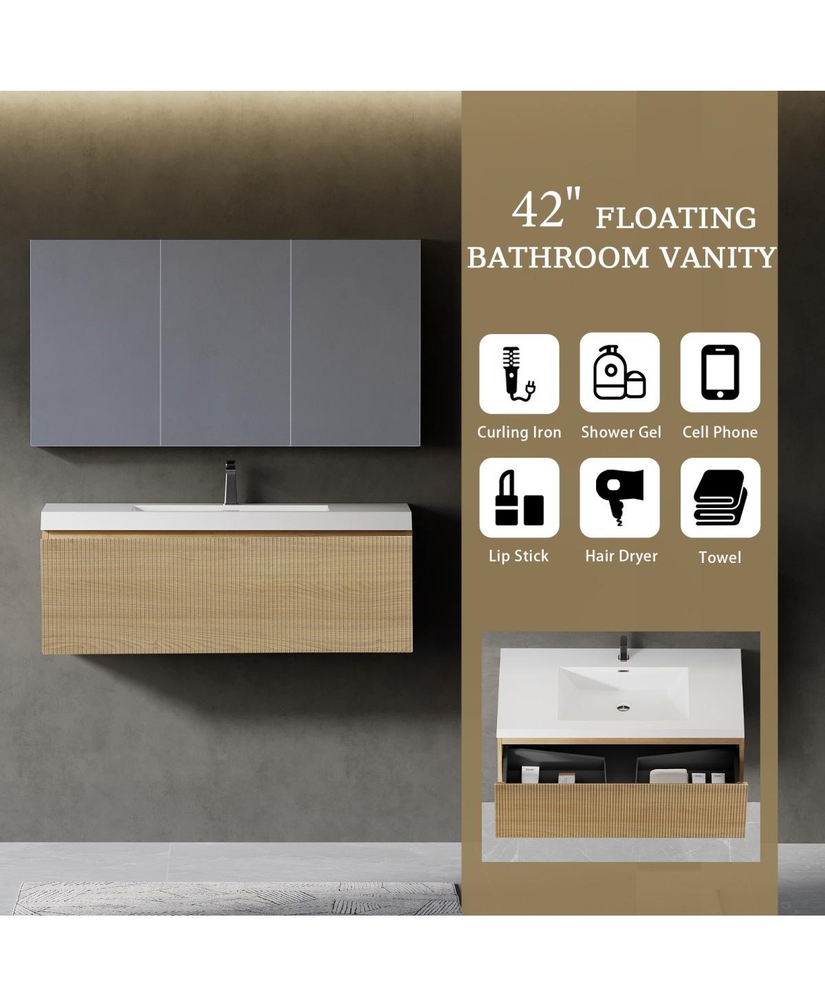 Sillysis Wall Mounted Bathroom Vanity, Glossy Stone Resin Sink, Oak Wave Textured Drawer
