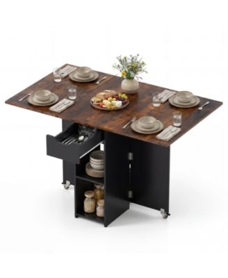 Folding Dining Table w/2 Open Shelves and Drawer 2 Lockable Universal Wheels
