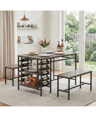 3 PCS Dining Table Set with Tuck-In Benches, Wine Bottle Storage, Stemware Holder and Home Bar Set