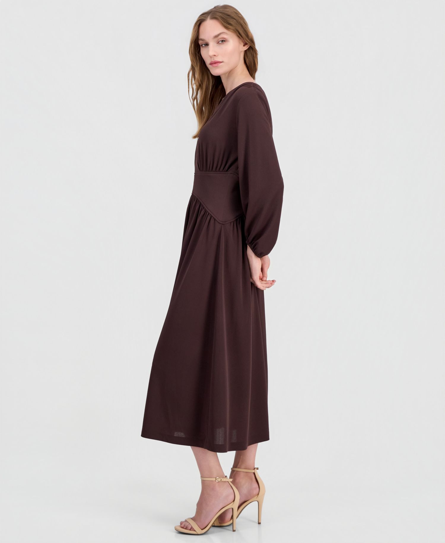 Women's V-Neck Blouson-Sleeve Midi Dress