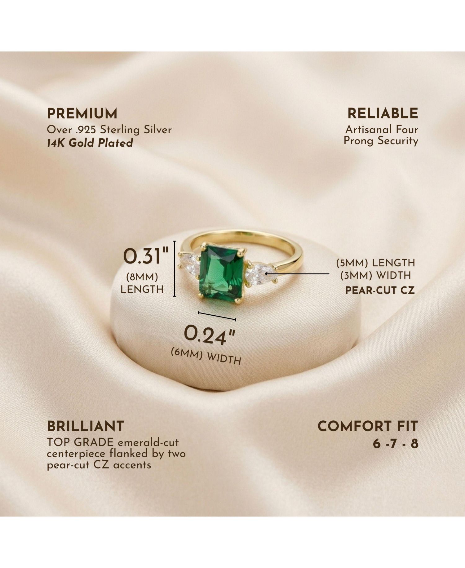 Chic Sterling Silver 14K Gold Plated Three CZ Statement Ring