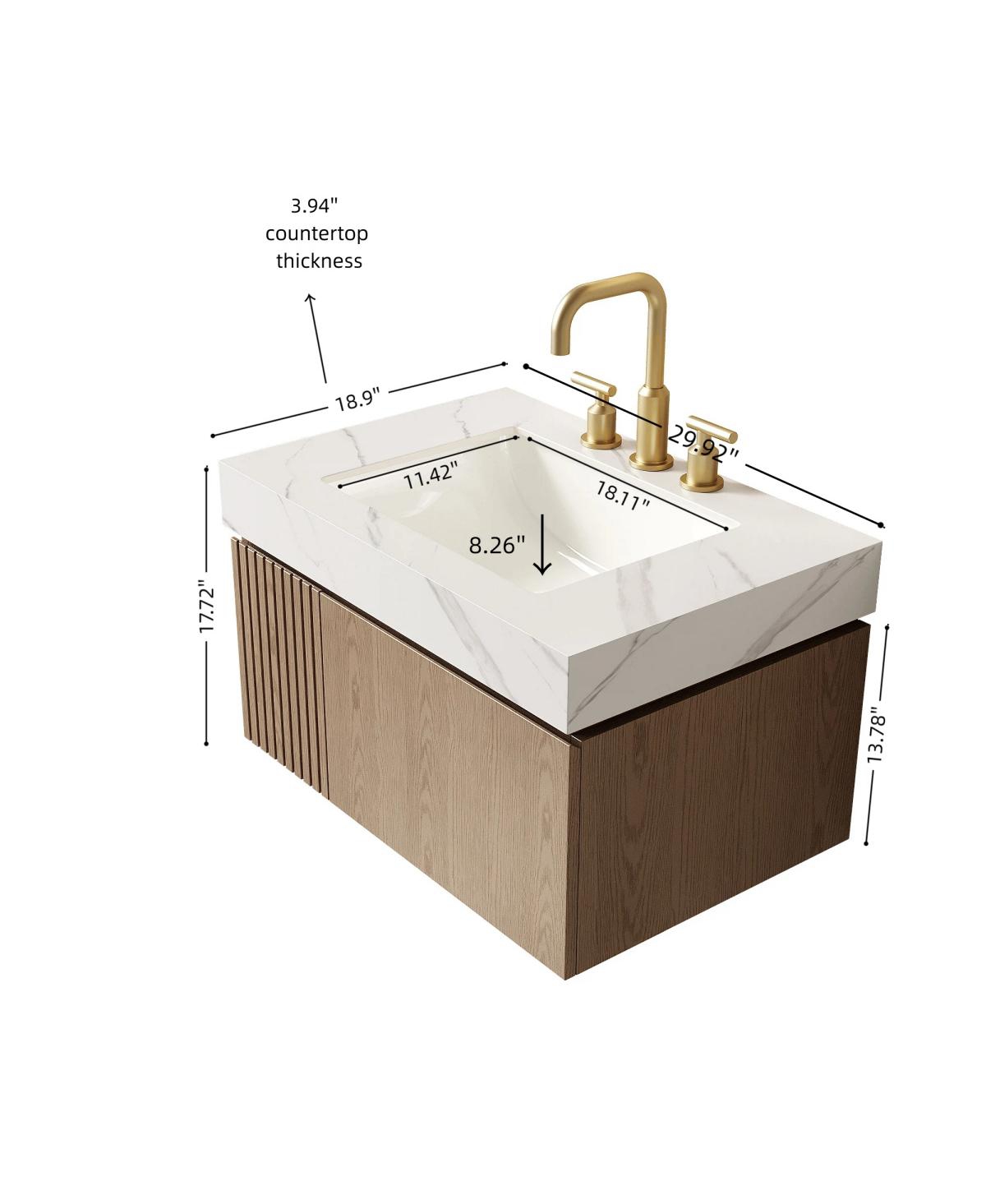 Sillysis Wall Mounted Bathroom Vanity, Carrara Sintered Stone Top, 3-Hole Ceramic Sink, Soft Close Cabinet