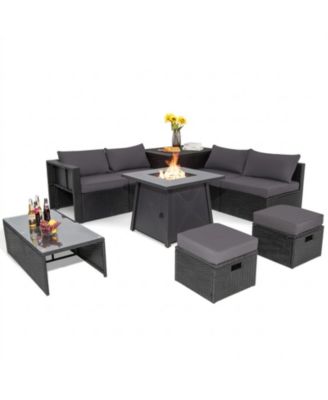 9 Piece Weatherproof Rattan Conversation Set with 30 in Propane Fire Pit Table and Dust Covers