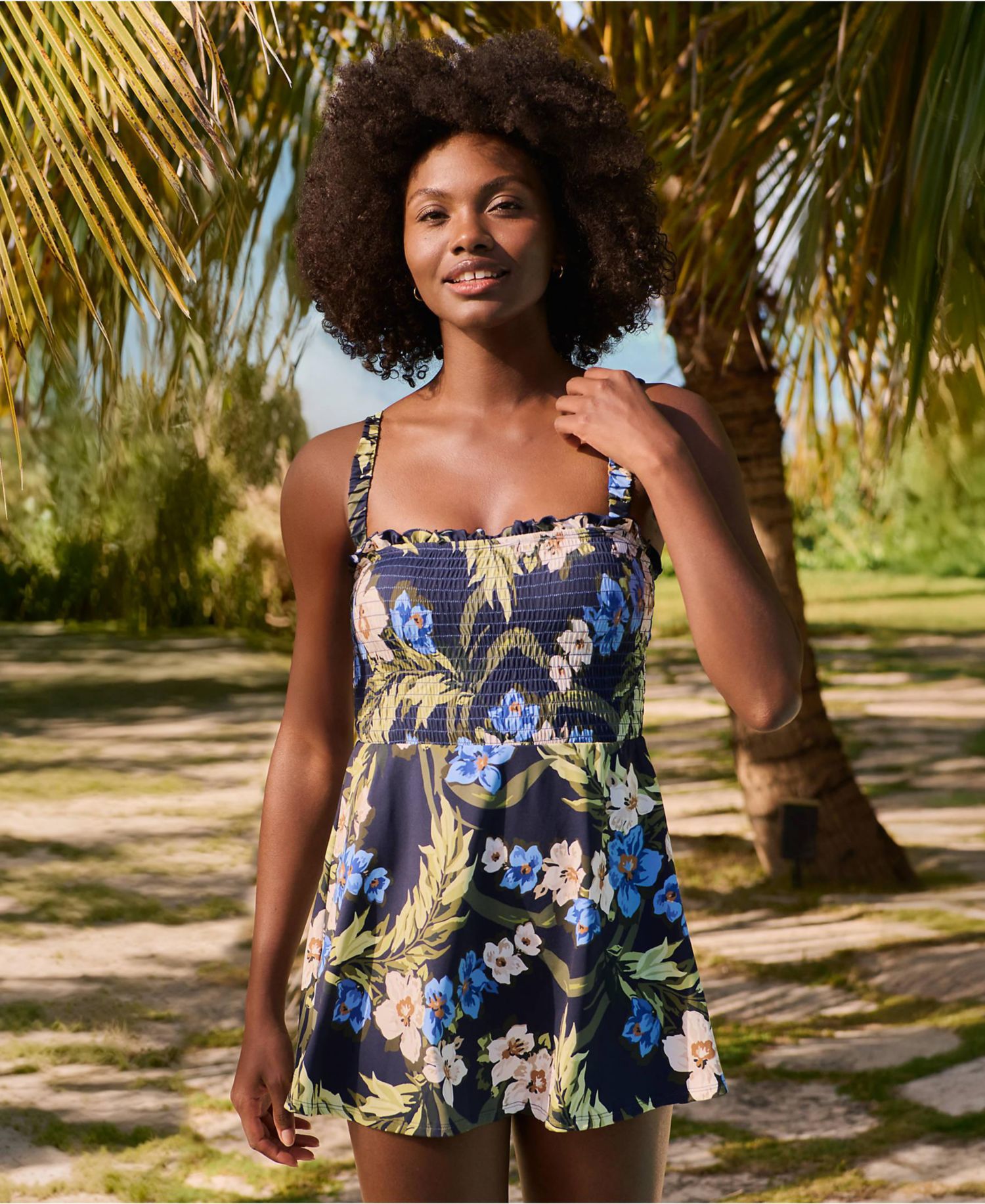 Womens Square Neck Smocked Mini Swim Dress