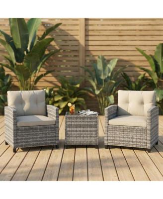 3-Piece PE Rattan Patio Conversation Set with Cushions Outdoor Wicker Chairs and Tempered Glass Coffee Table