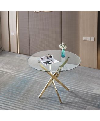 36" Round Clear Tempered Glass Dining Table with Gold Stainless Steel Legs