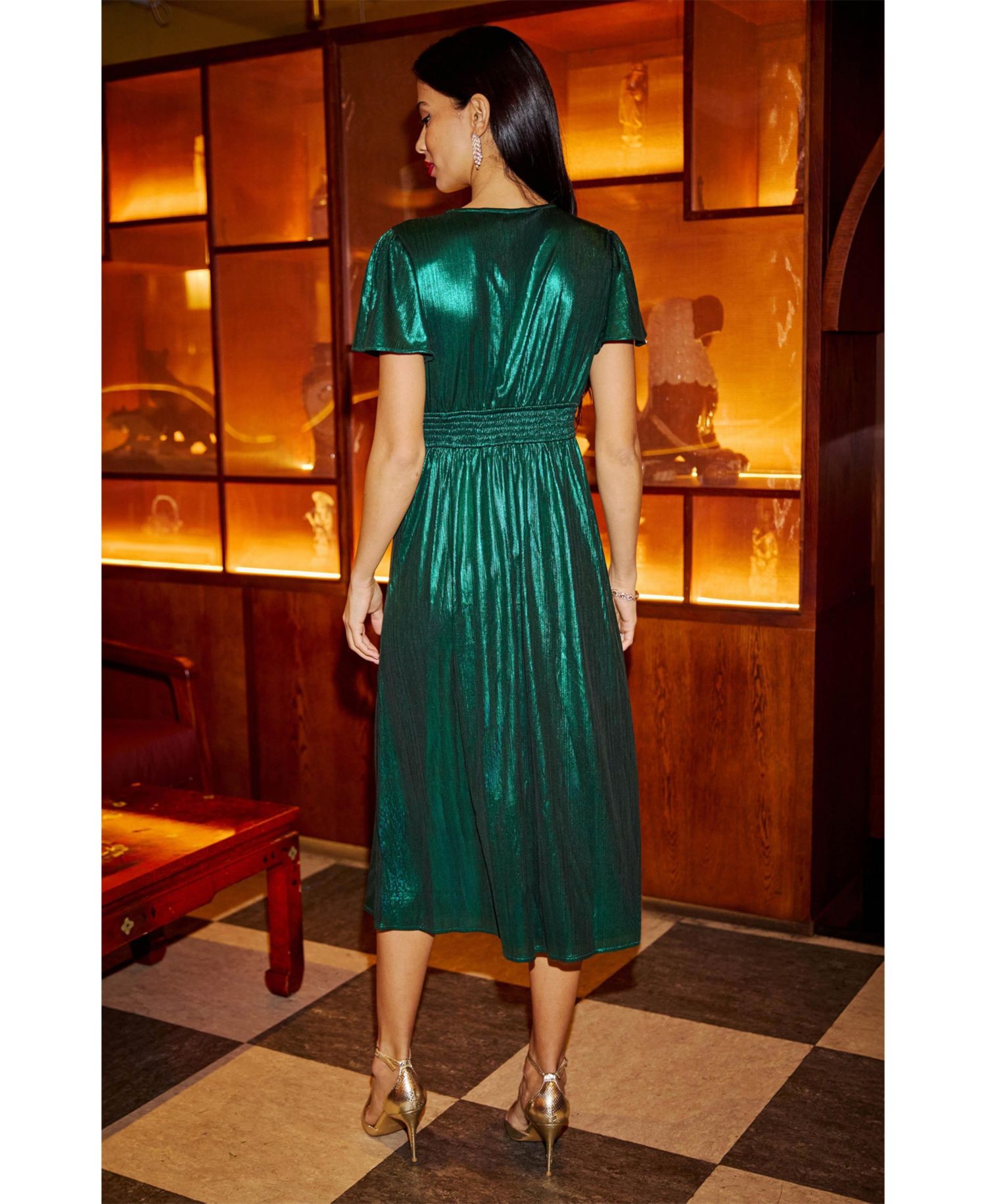 Women's Metallic Ruched Midi Dress