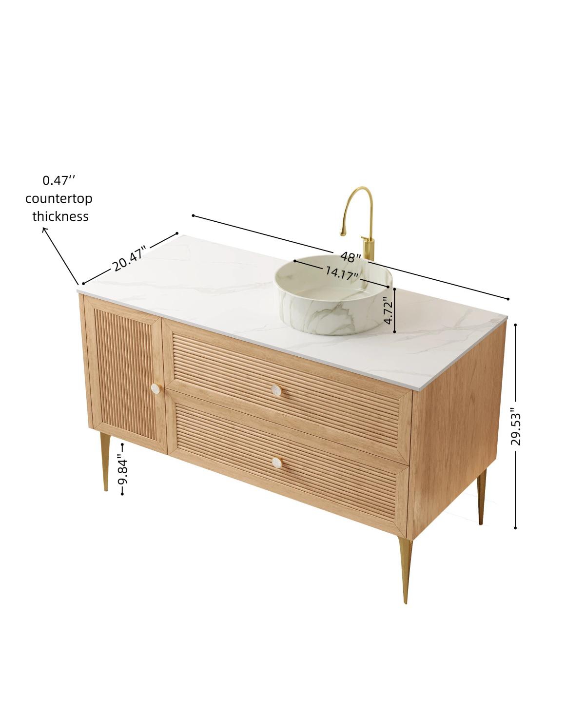 Sillysis Modern Bathroom Vanity with Round Ceramic Basin, Carrara Sintered Stone Countertop, 2 Drawers and 1 Door