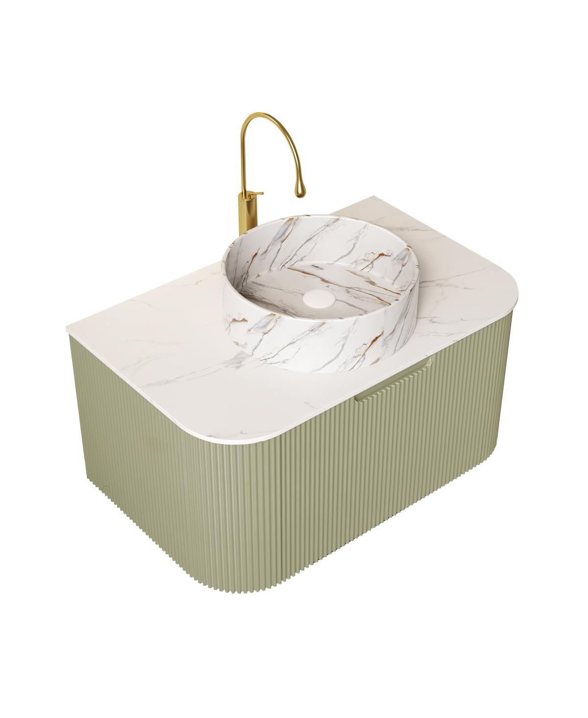 Sillysis Wall Mounted Bathroom Vanity, Artificial Marble Top with Round Ceramic Basin, 3D Striped Plywood Cabinet