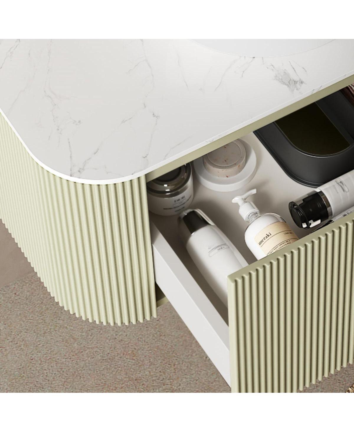 Sillysis Wall Mounted Bathroom Vanity, Artificial Marble Top with Round Ceramic Basin, 3D Striped Plywood Cabinet