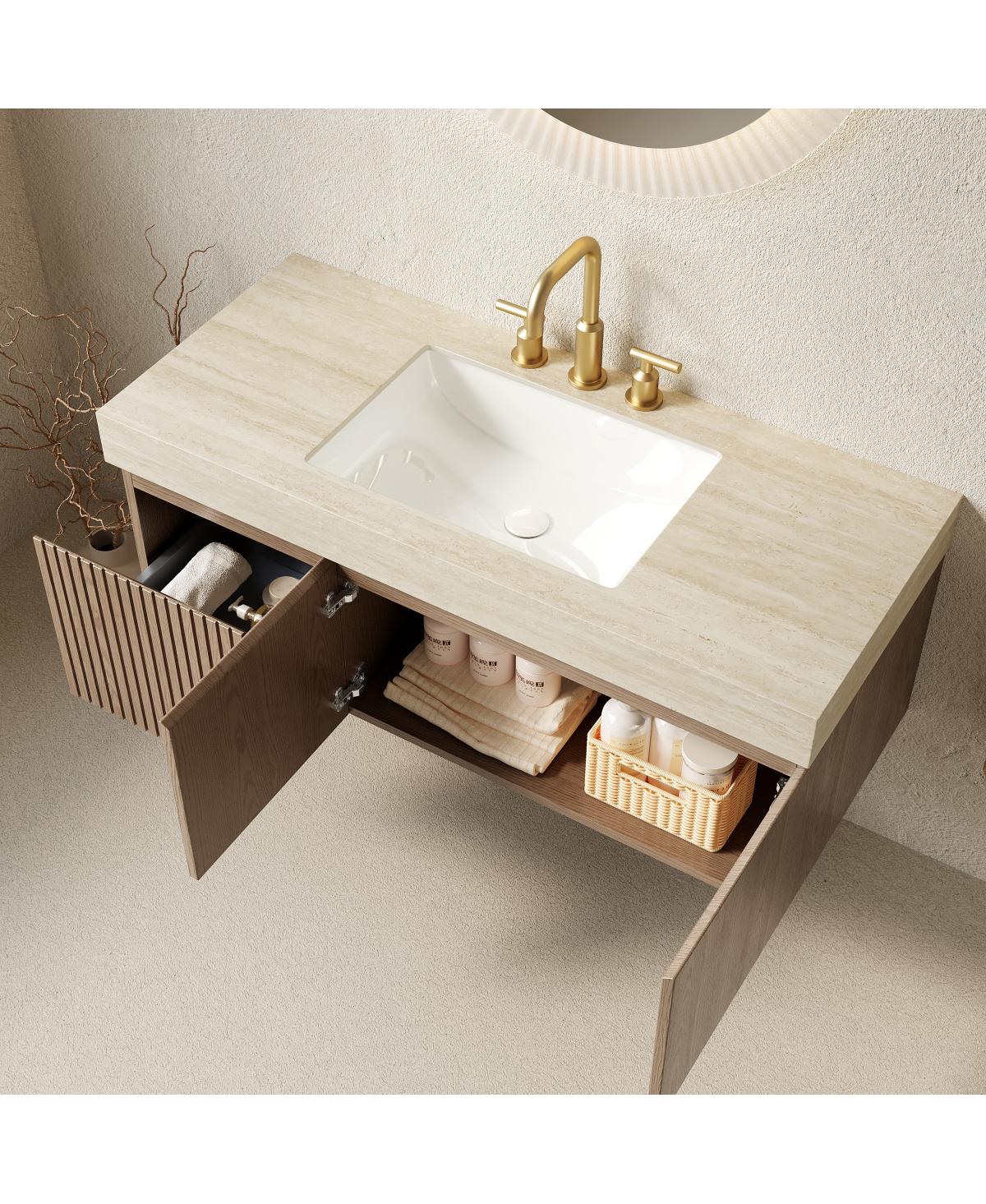 Sillysis Wall Mounted Bathroom Vanity, Travertine Pattern Sintered Stone Top, 3-Hole Ceramic Sink, Soft Close Cabinet