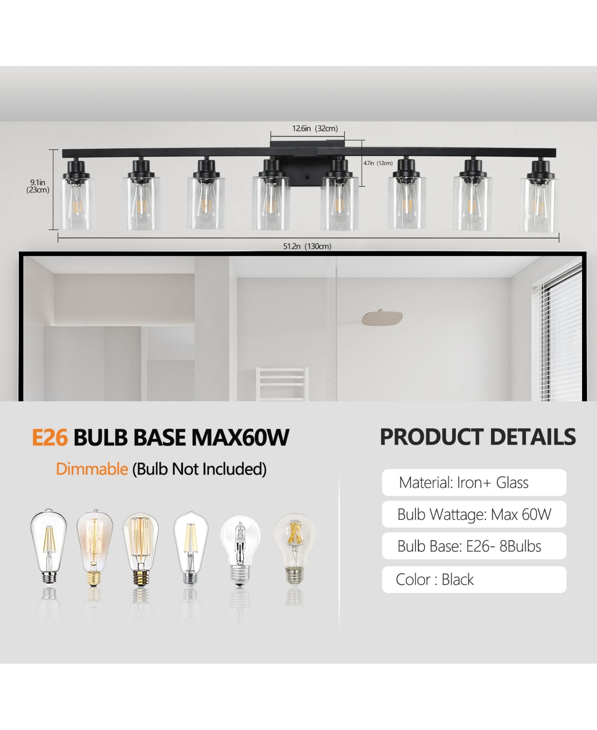 Busdays 51 Inch 8 Light Vanity Light with Clear Glass Shades Modern Iron Metal Bathroom Wall Fixture for Mirror Bathroom Dressing Table No Bulbs