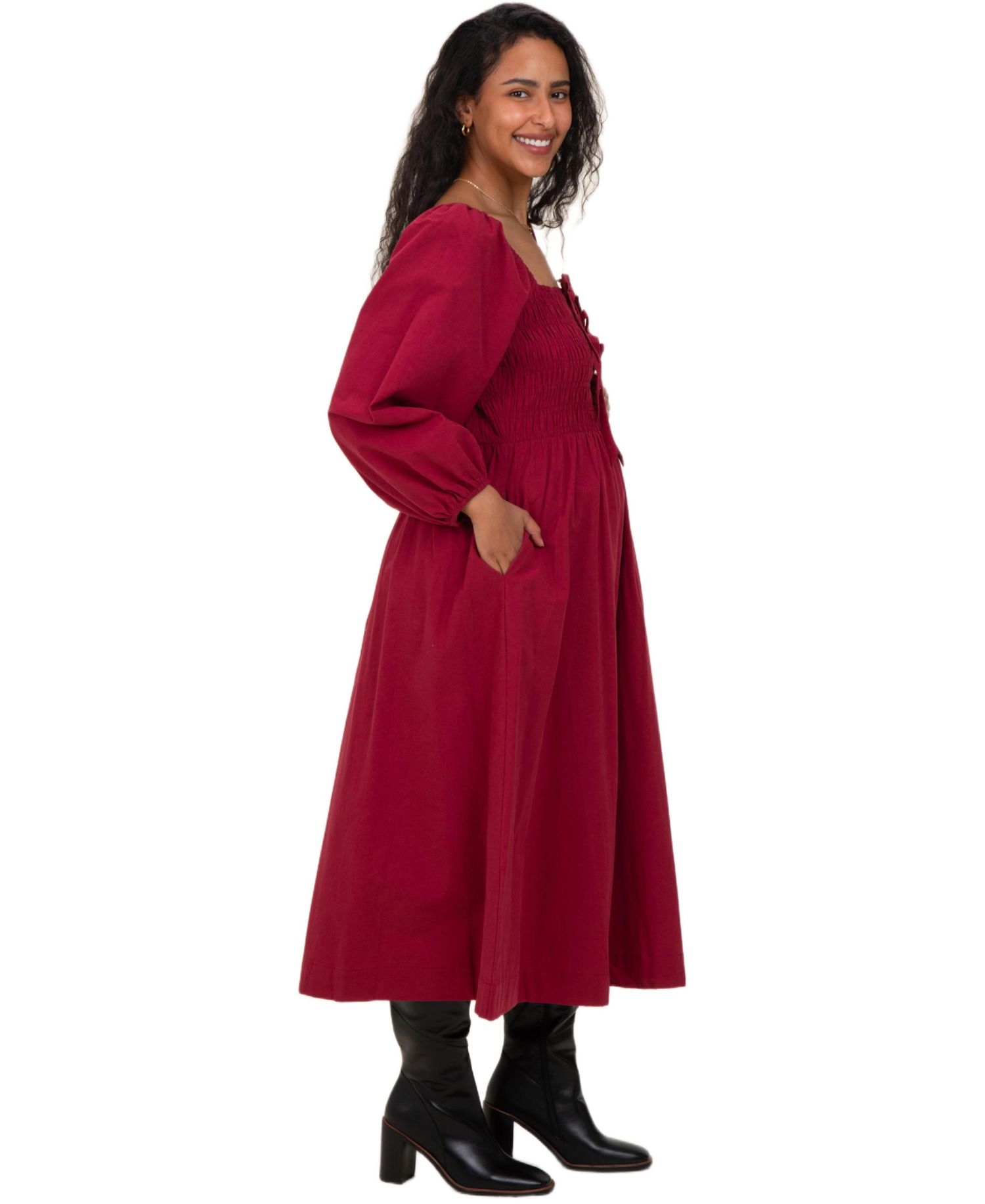 Women's Burgundy Bow Detail Smocked Midi Dress