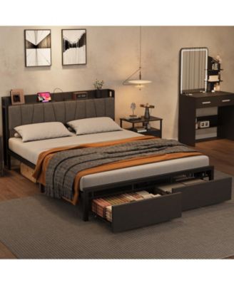 Bed Frame with Storage Headboard, Platform Bed with Large Drawer and Charging Station, Industrial No Box Spring Needed