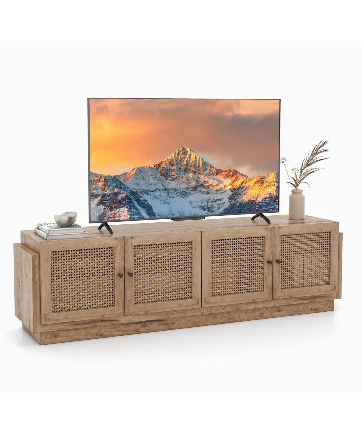 Gymax 4-Door Pe Rattan Media Console Table Farmhouse Tv Stand for TVs - Natural