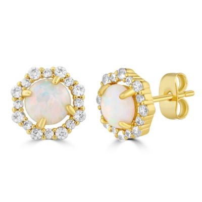 Elegant Round White Opal Halo CZ Studs