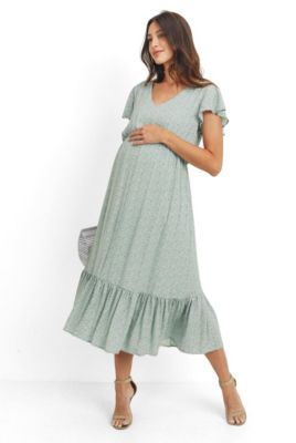 Maternity Flutter Sleeve V-Neck Empire Waist Midi Dress