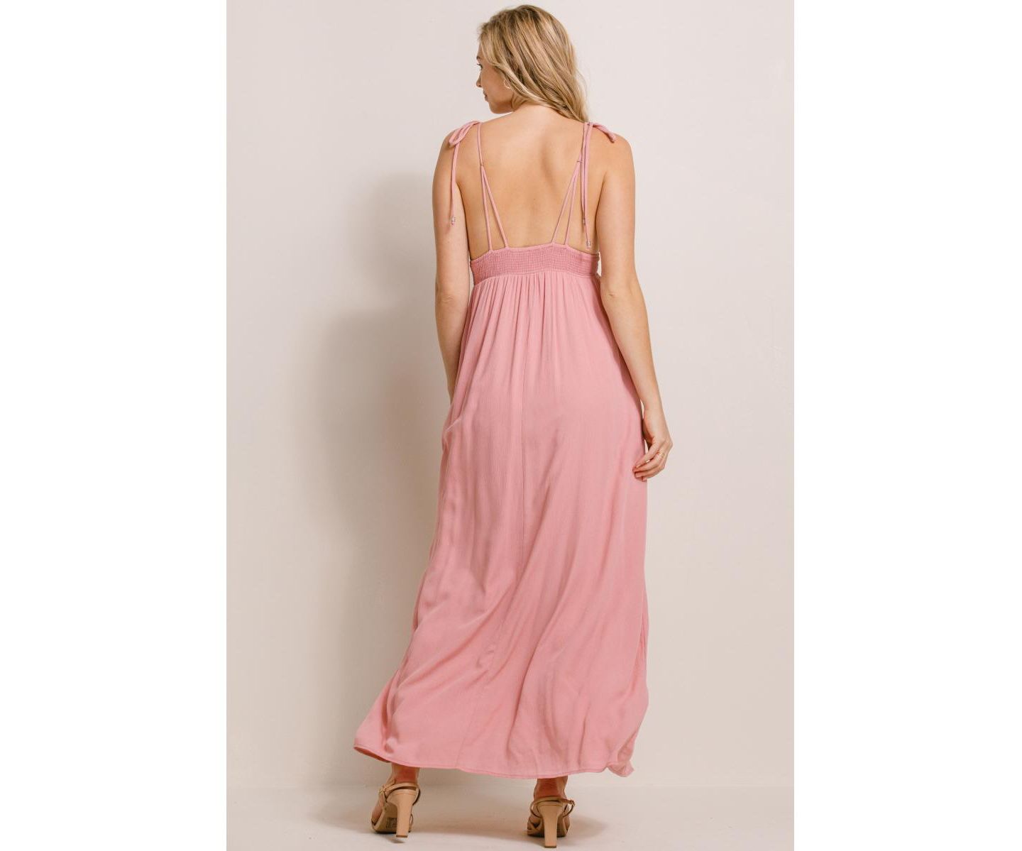 Женское платье Hello Miz V-Neck Tie Strap Empire Waist Maxi with Pockets, цвет: Розовый — фото 3