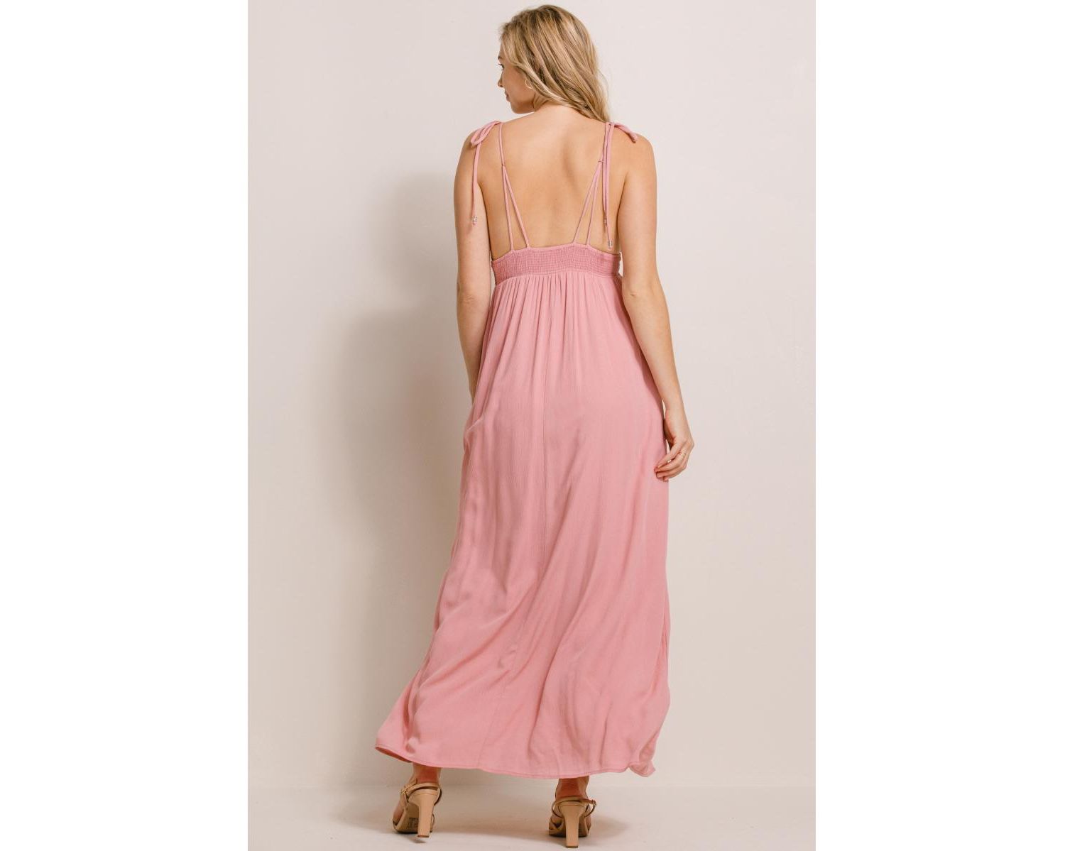 Women's V-Neck Tie Strap Empire Waist Maxi Dress with Pockets