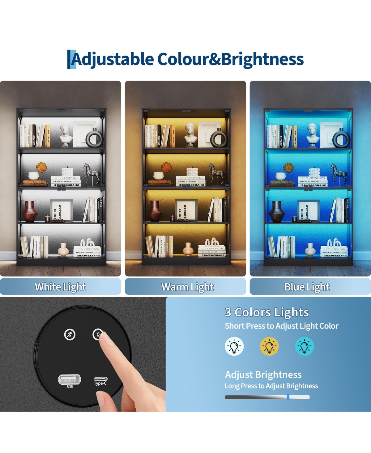 homfan Tempered Glass Display Cabinet with Motion Sensor Led Lighting and Built Usb, Usb C Charging Ports Secure Anti Tip Storage Organizer