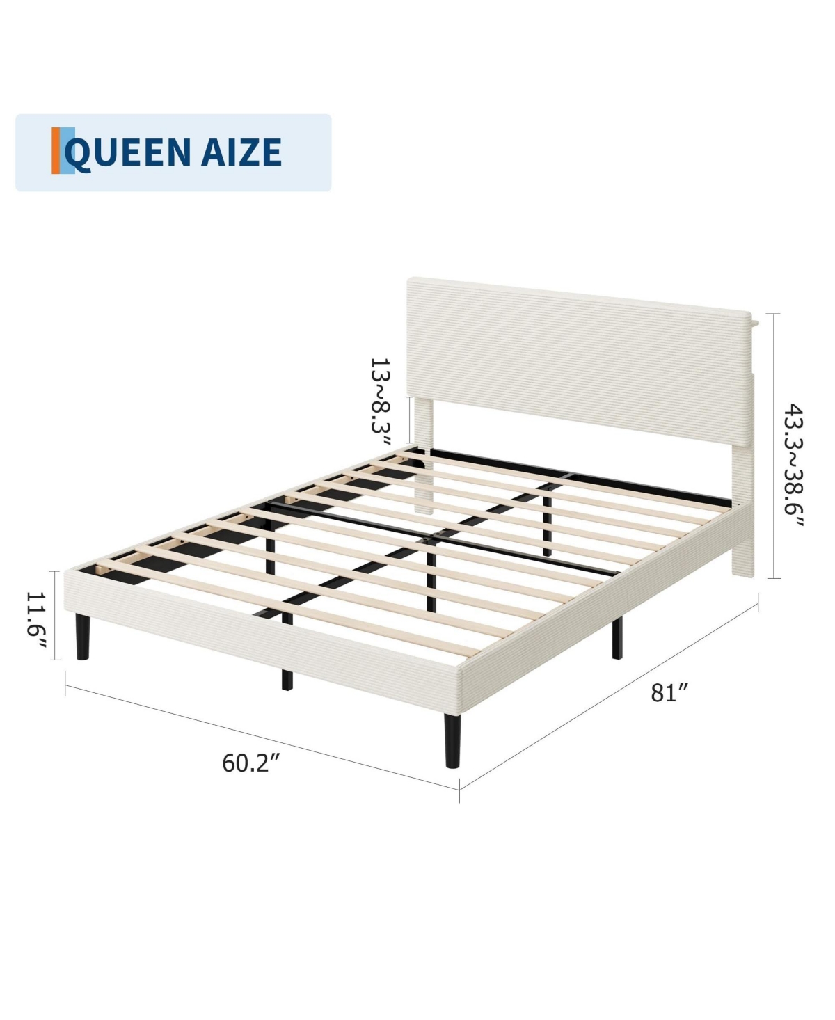 homfan Corduroy Upholstered Platform Bed Frame with Usb Charging Station, Adjustable Storage Headboard