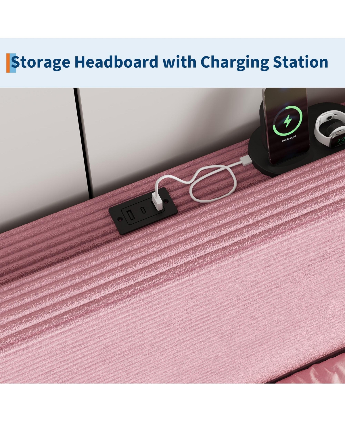 homfan Corduroy Upholstered Platform Bed Frame with Usb Charging Station, Adjustable Storage Headboard