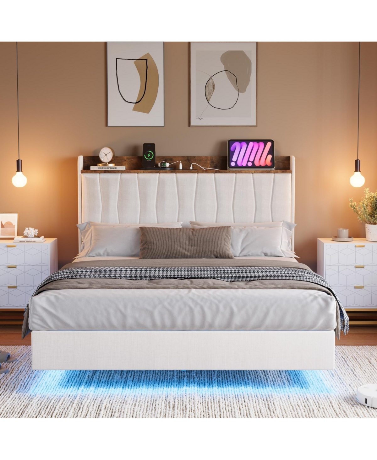 homfan Floating Platform Bed Frame with Led Lights, Charging Station and Storage Headboard, Upholstered Bed