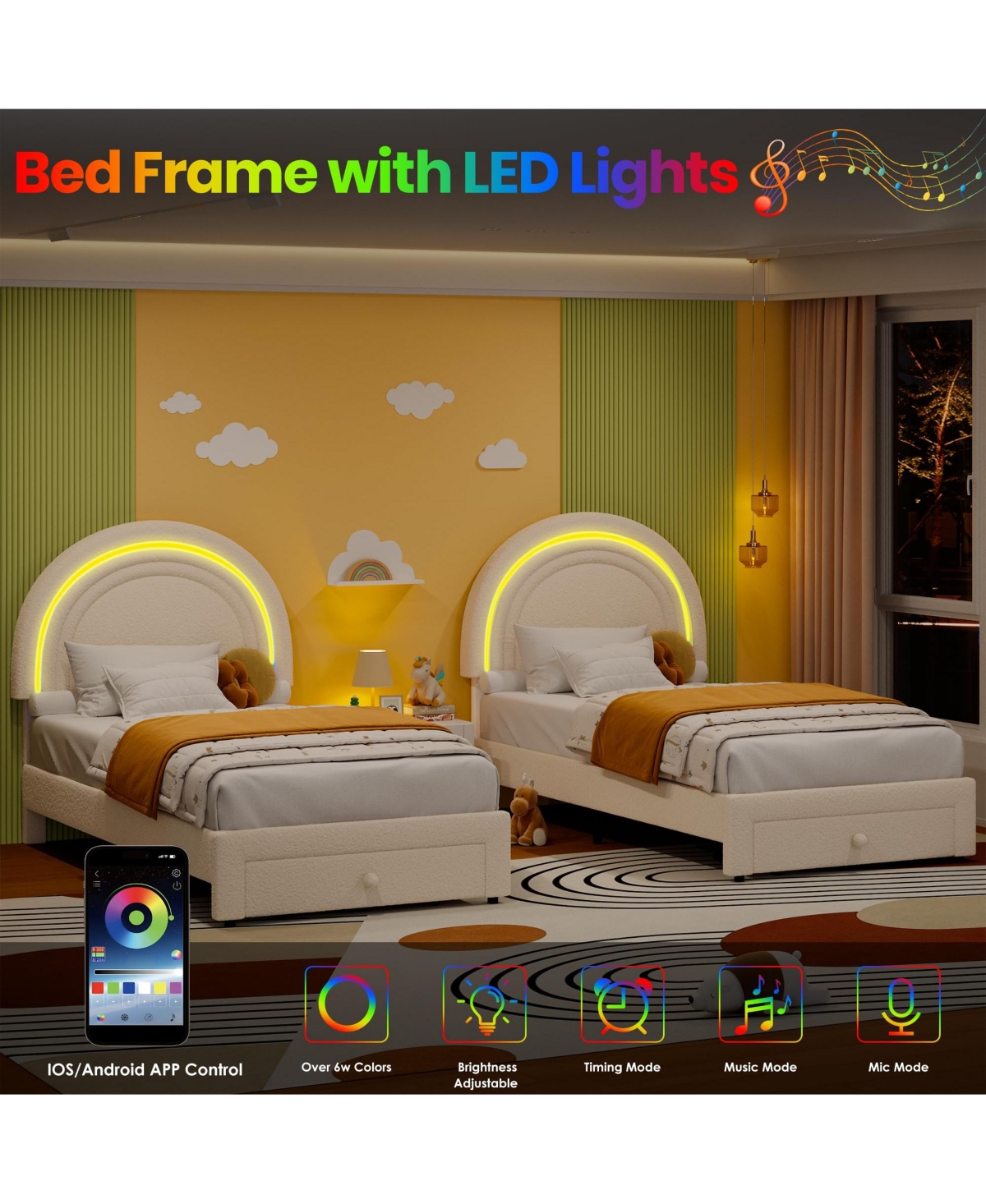 homfan Upholstered Kids Bed Frame with Led Rainbow Headboard and Storage Drawer, Wood Slats, No Box Spring Needed