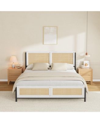 Boho Rattan Platform Bed Frame with Headboard and Footboard, Quiet Support, Underbed Storage, No Box Spring Needed