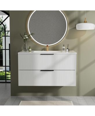 36" Modern Floating Vanity With Ceramic Sink, Fluted Wall-Mount Cabinet, 2 Drawers U-Shaped Cutout