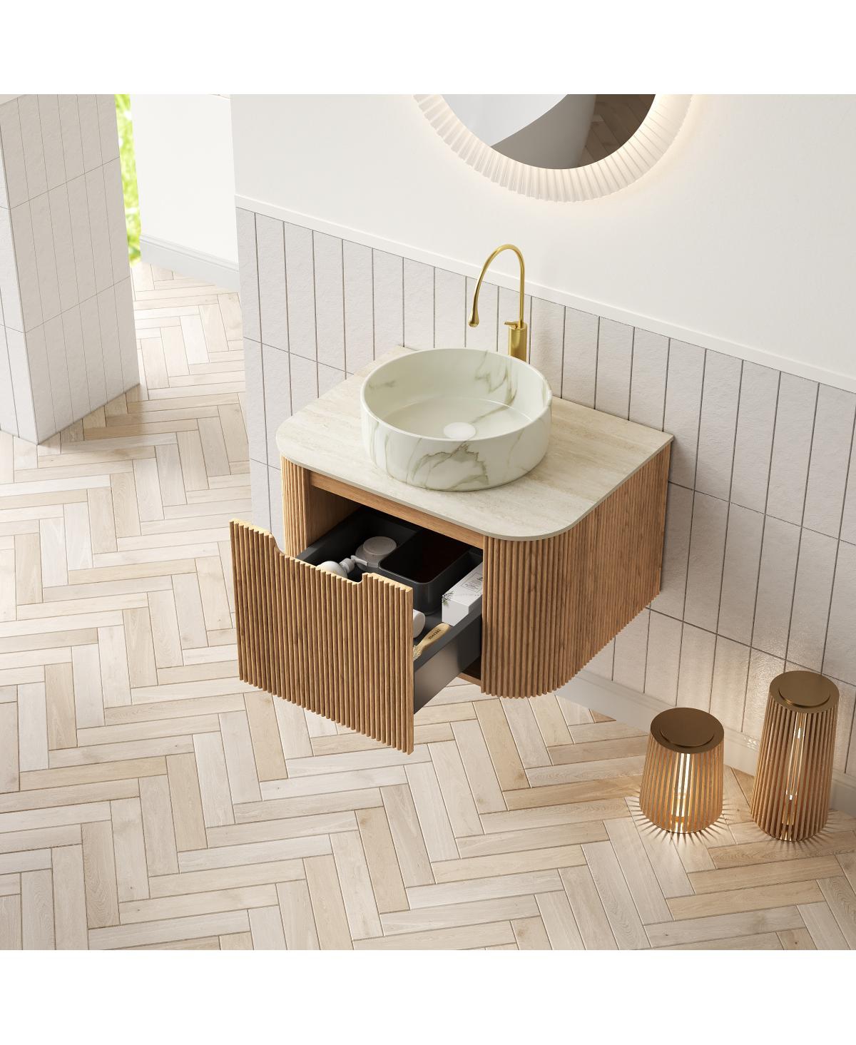 Sillysis Wall Mounted Bathroom Vanity with Sintered Stone Top, Round Ceramic Sink, Wood Grain Drawer