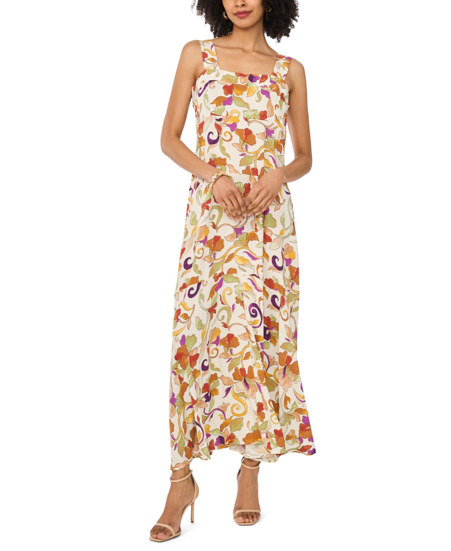 Women's Printed Square-Neck Smocked-Back Sleeveless Maxi Dress