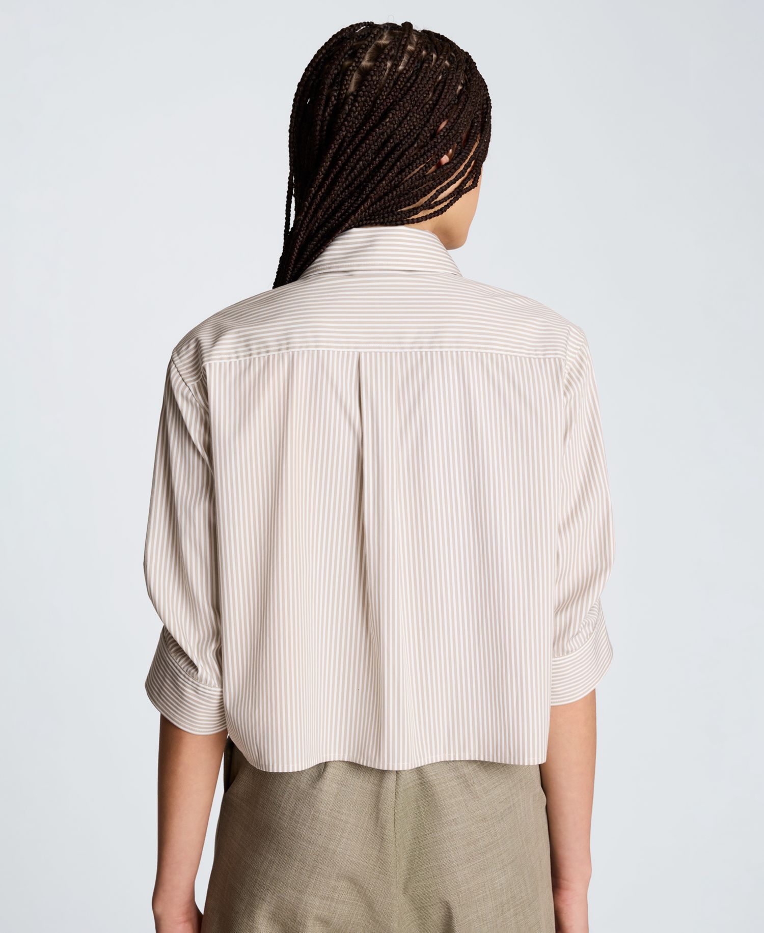 Women's Collared Striped Cropped Pleated Sleeves Button Down