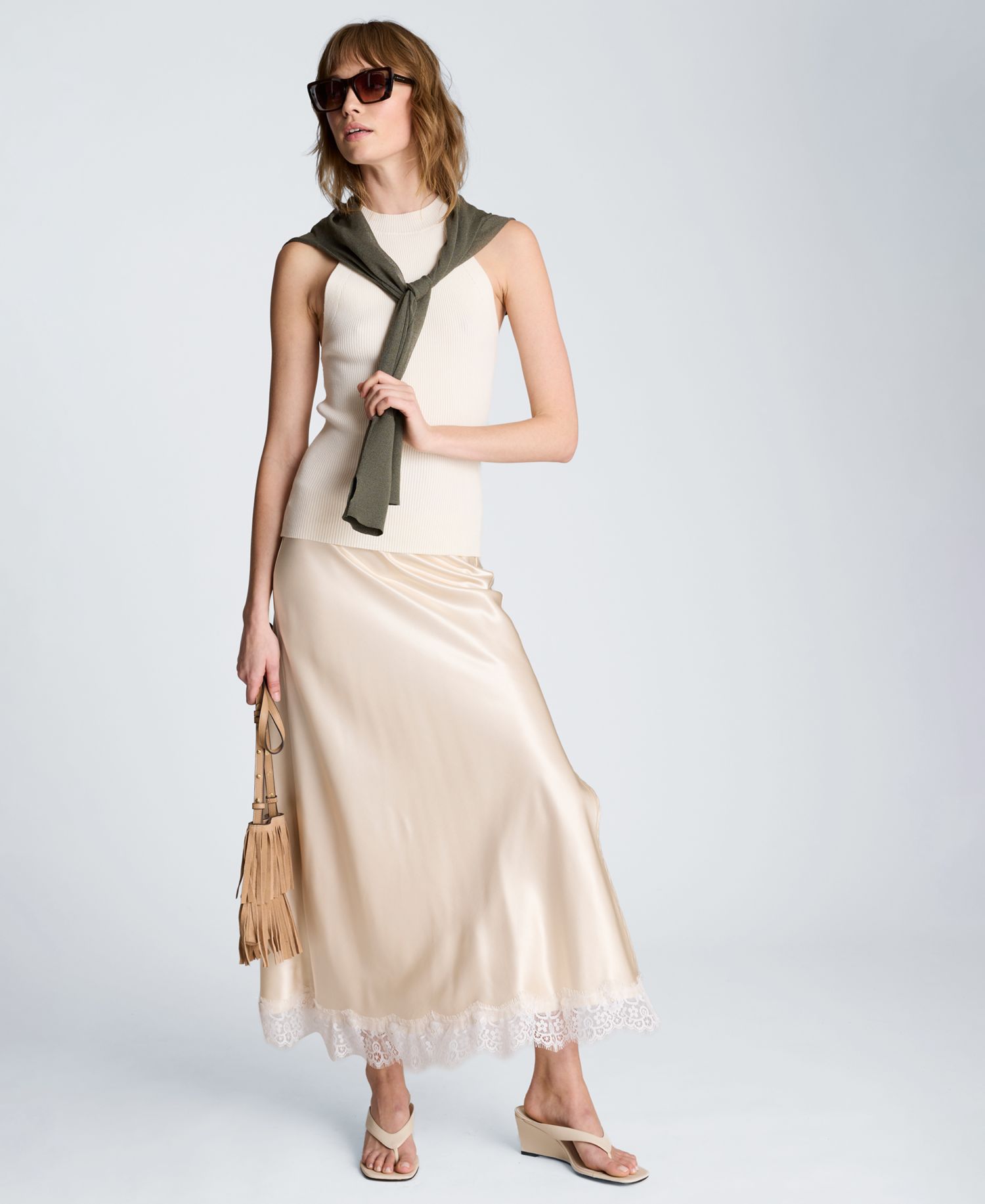 Women's Pull on Lace Trim Satin Midi Skirt