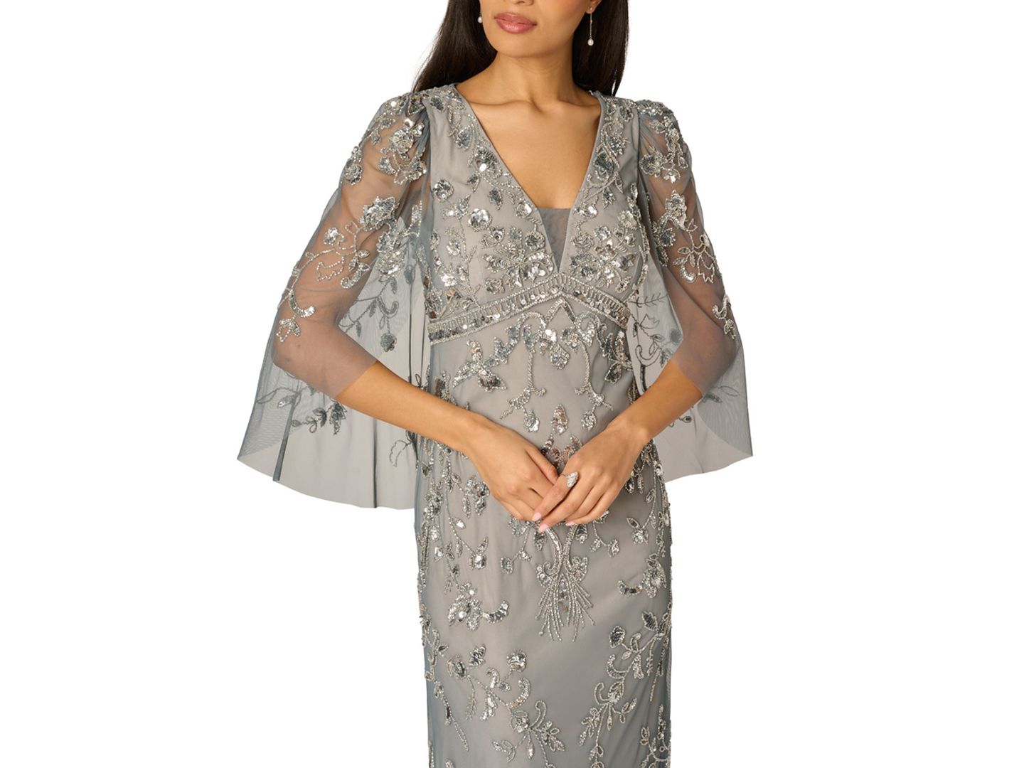 Женские платья Adrianna Papell Beaded Cape-Sleeve Gown, цвет: Оловянный / Серебряный — фото 2