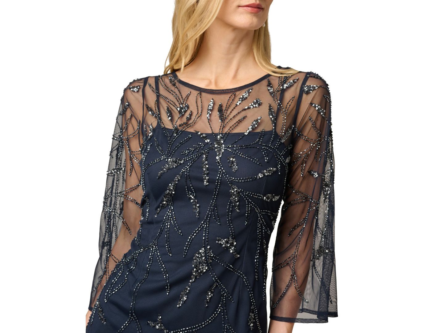 Женское платье Adrianna Papell Bead Mesh Illusion Boat Neck Gown, цвет: Тёмно-синий — фото 3
