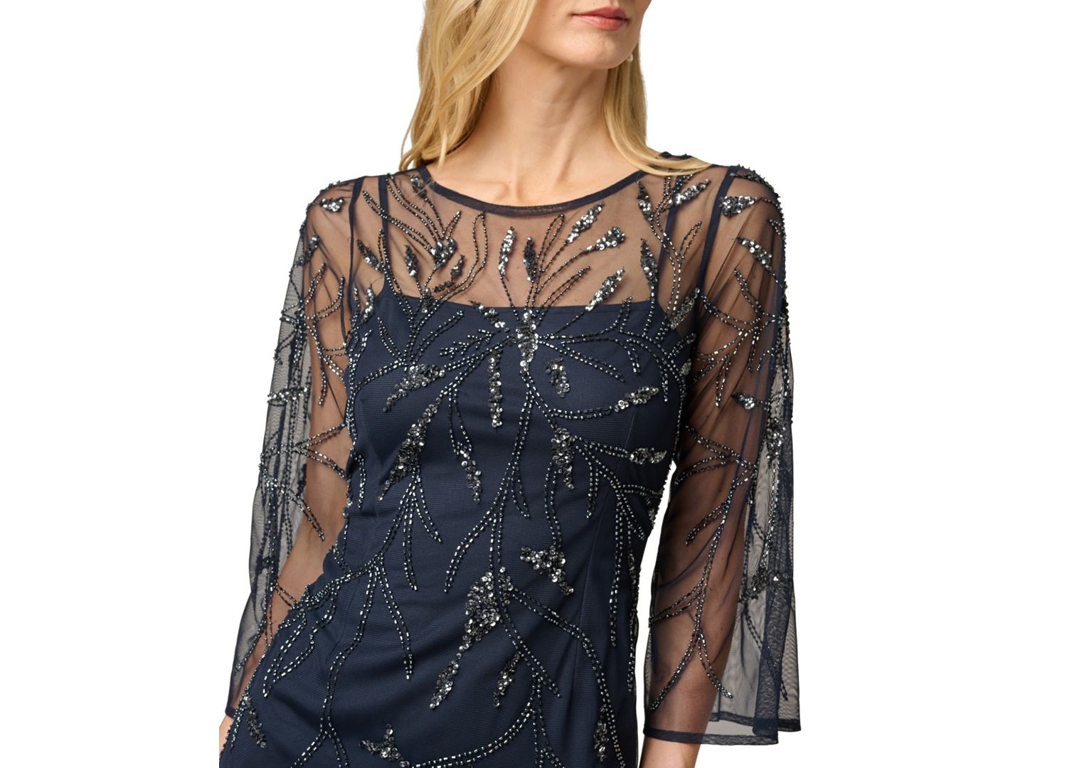 Women's Bead Mesh Illusion Boat Neck Gown
