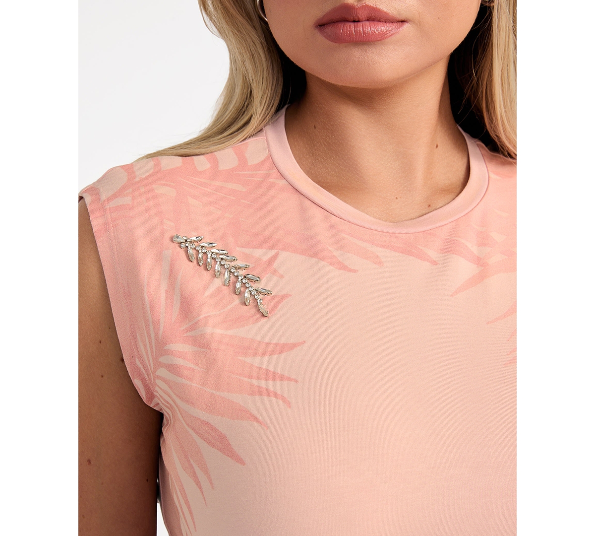 Guess Women's Pleated-Waist Palm-Print Brooch-Detail Top