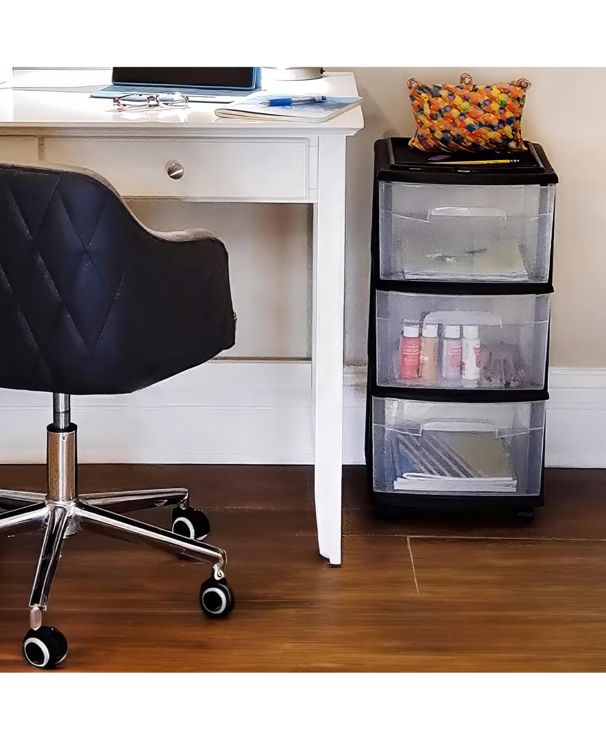 Homz Plastic 3 Drawer Medium Storage Tower, Clear Drawers and Black Frame (2 Pack)