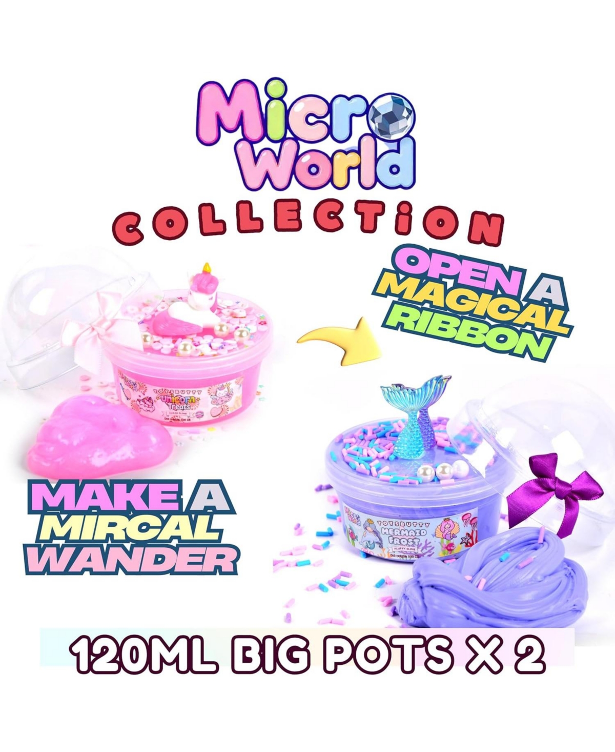 ToysButty Finoclay Butter Slime kit, MicroWorld 2 Pack Clear and Fluffy Slime for Kids, Unicorn Mermaid Theme Party Favors with 6 Slime add ins