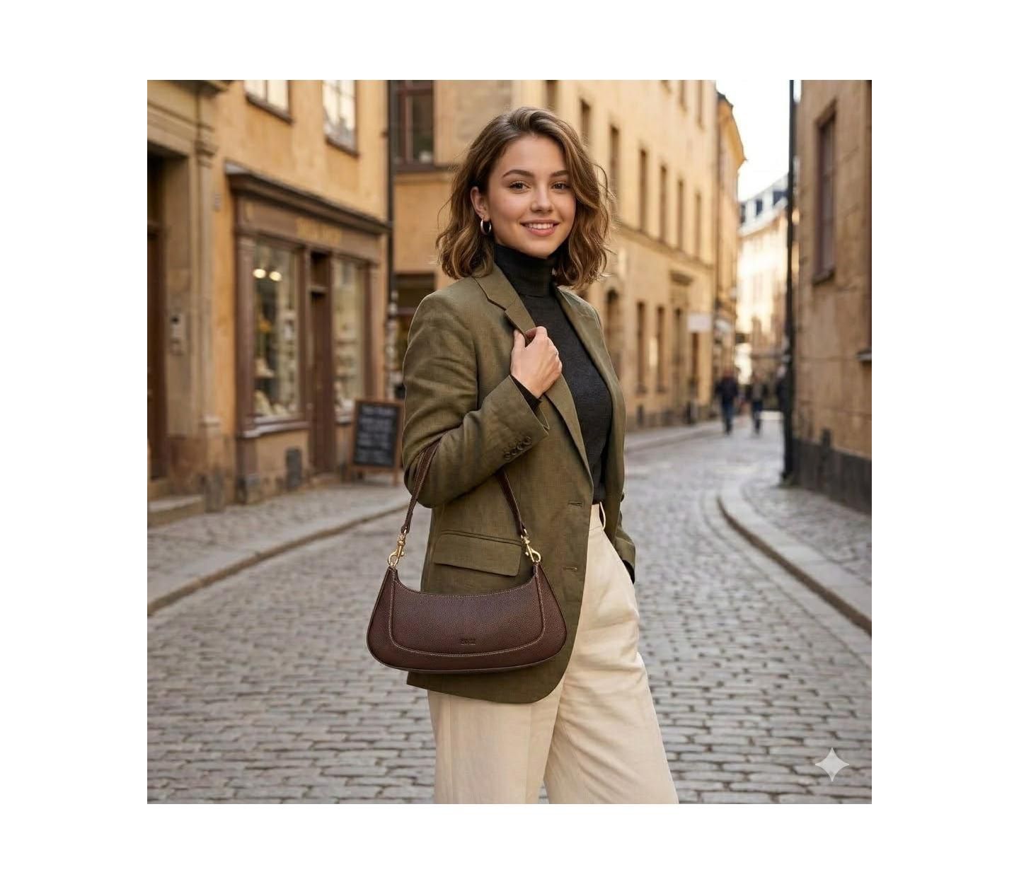 Женская сумка SUSU Pebbled Leather Baguette Shoulder Bag East West Crescent Hobo Purse, цвет: Шоколадный коричневый / Тёмно-коричневый — фото 2