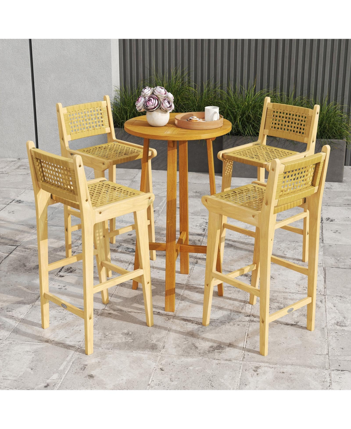 Slickblue Outdoor Teak Wood Bar Stool with Rattan Seat and Backrest