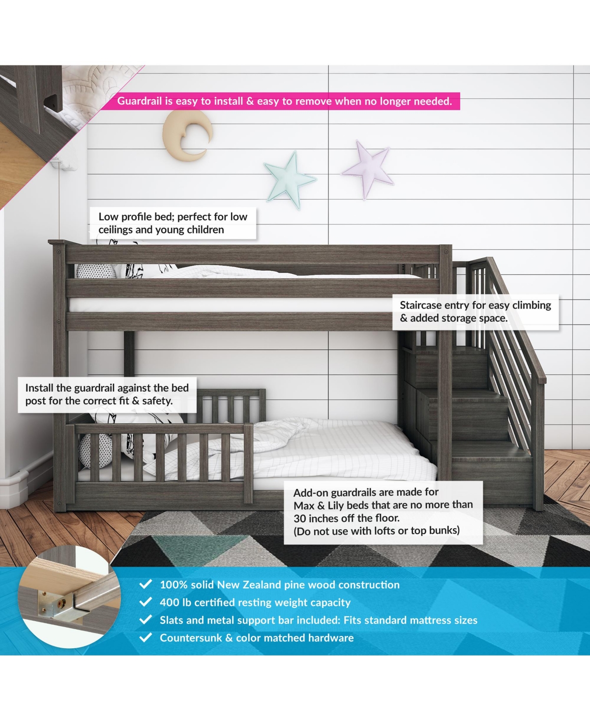 Max Lily Low Twin over Bunk with Stairs Single Guard Rail