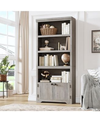 5 Tier Bookshelf Farmhouse Bookcase with 2 Doors Adjustable Shelves Anti-Slip for Home Office Living Room, Study