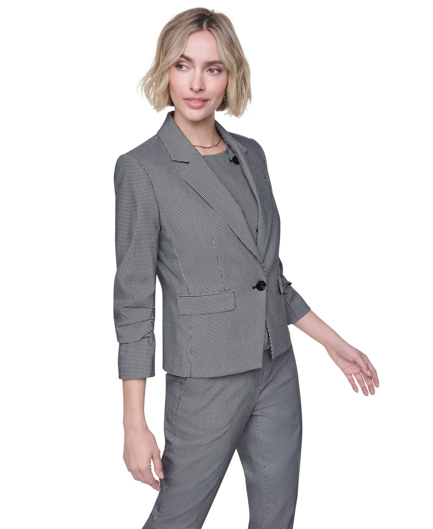 Женский пиджак DKNY Petite Houndstooth One-Button Notch Collar Blazer, цвет: Чёрный / Слоновая кость — фото 3