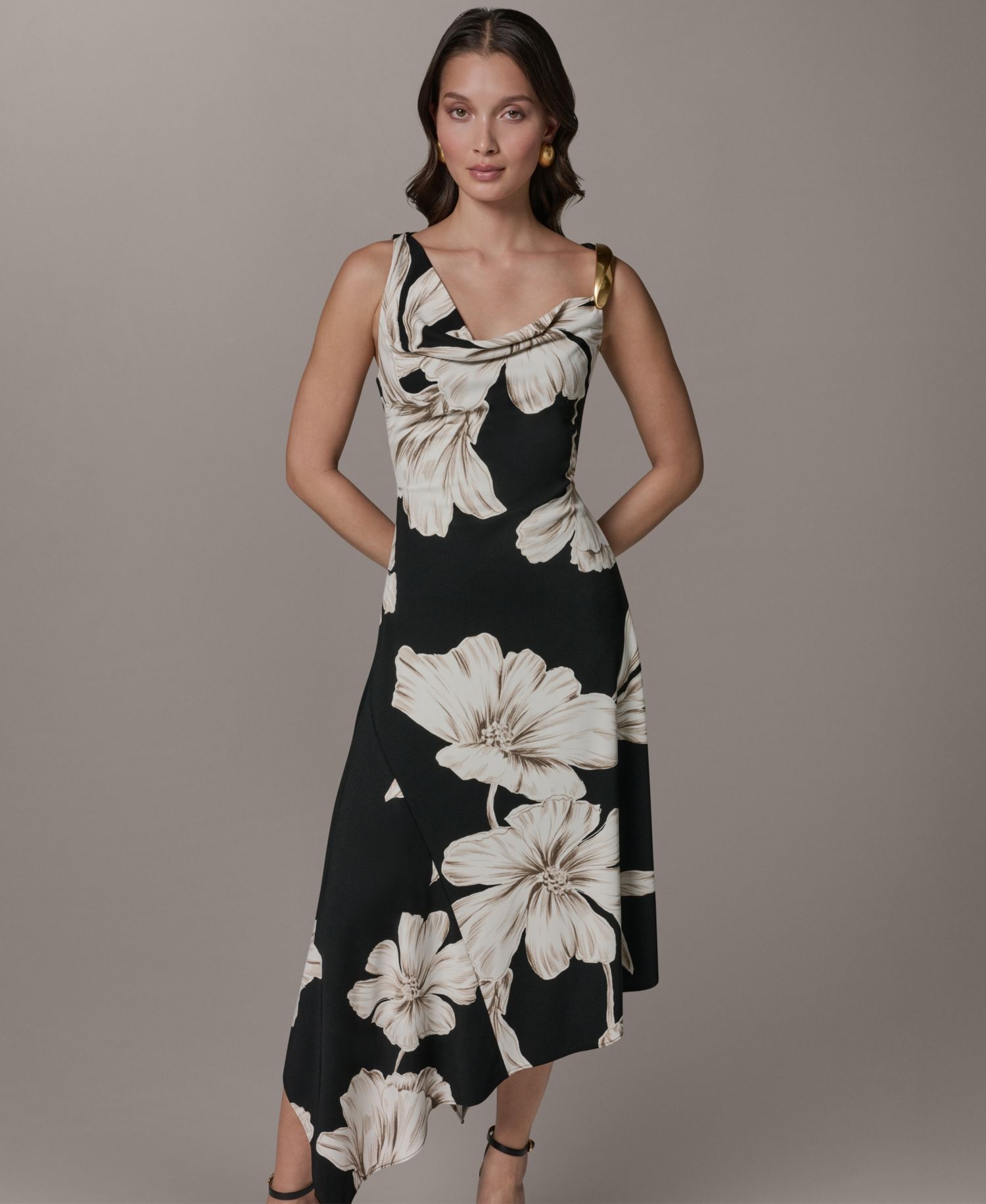 Women's Sleeveless Floral Cowl Neck Asymmetrical Midi Dress